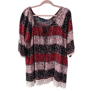 aLL Boho Floral Tie Front Tunic With Crochet Lace Trim